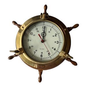 Bey Berk Lacquered Brass Porthole Quartz Clock Ships Wheel Oak Captain Engraved